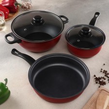 Set of dishes Promo Stone Violet: a pan 3 l, d = 24 cm, bucket 1.3 l, pan D = 24 cm, covers 2 pcs, anti -stick coating, burgundy color