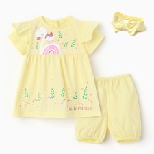 A set for a girl (dress, panties, a dressing with a bow), yellow color, height 74 cm