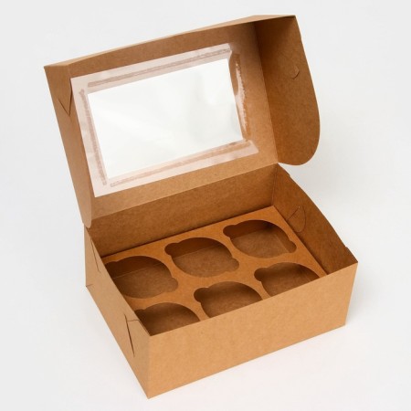 Box for 6 cupcakes craft with a window, confectionery packaging, 18.6 x 13.1 x 8 cm set 5 pcs-2