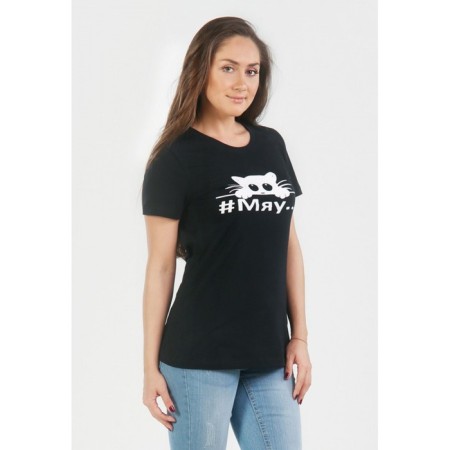 Female T -shirt "meow", size 44, black color-1