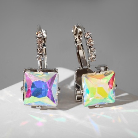 Earrings with rhinestones "square" flicker, white-radiant color in silver-1