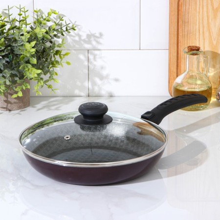 The pan "hostess", d = 24 cm, removable handle, glass cover, anti -stick coating, burgundy color