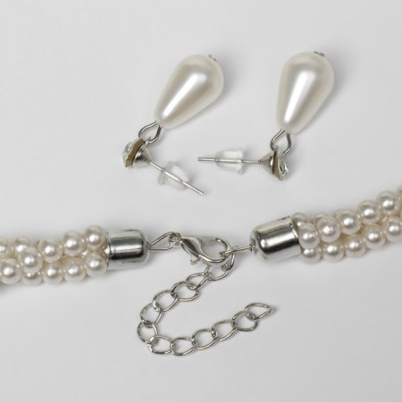 Set 2 objects: earrings, necklace “ladies” torsion, drops, white color in silver, 45 cm-1