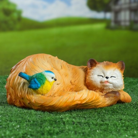 Garden figure "Sleeping cat with a bird" 13x29cm