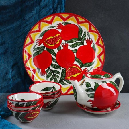 Set of Tea Rishtan Ceramics "Grenates", 9 objects (kettle 1 l, Piala 0.5/0.3 l)-9