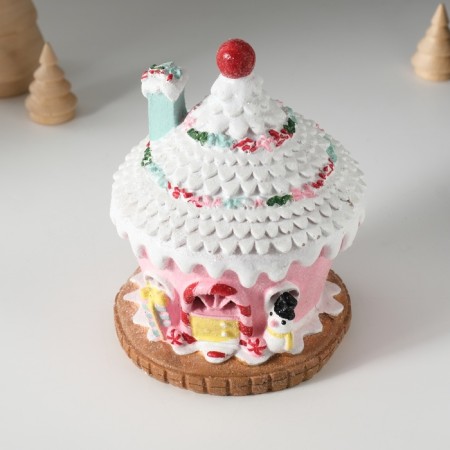 Souvenir Polystone Light "Gingerbread House Pink in the Glazes with a snowman" 11.5x11.5x15 cm-5