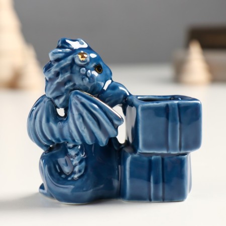 Souvenir Ceramics stand for d/toothpicks "Dracos with gifts" blue-gold 4x6.5x7 cm-3
