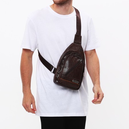 Male sling bag, artificial leather, headphone opening, brown color-6