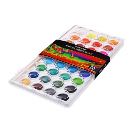 Watercolor paints 36 colors, round, dialing dials 23 mm, with a brush, plastic pencil case, calligrata top-2