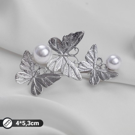 Brooch "Butterflies" trio with pearls, white color in silver