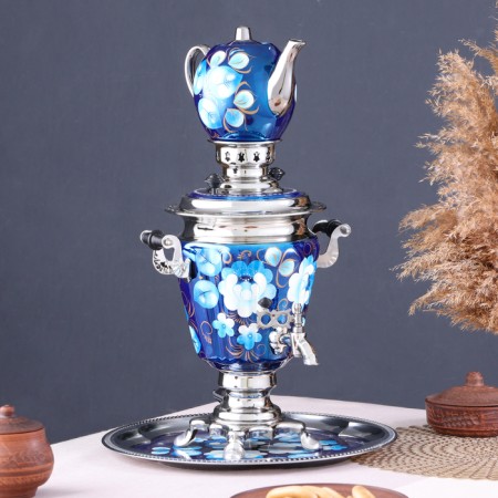 The set "Zhostovo on the blue", a glass, 3 objects, a samovar 3 l, a teapot 0.7 l, tray