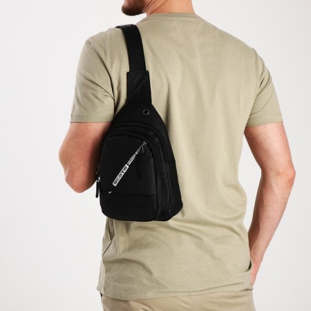 Male sling bag from textiles, headphone opening, black color