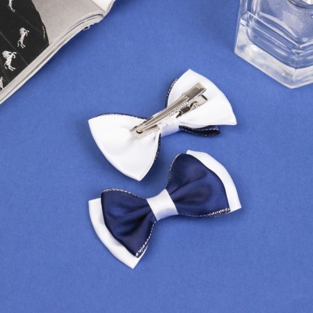 Hair clamp "Bow Vivian" (set 2 pcs) double, 6.5 cm, blue-white-1