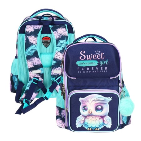 School backpack 37x28x14, ergonomic back, Devente Smart 14l, Happy Owl, for girls, turquoise/purple