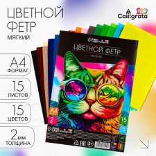 A set of color felt, thickness - 2 mm, A4 format, soft, 15 sheets, 15 colors, saturated colors, TOP