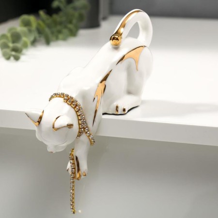 Souvenir Ceramics "Cat white-golden with a chain of rhinestones" 17 cm-1