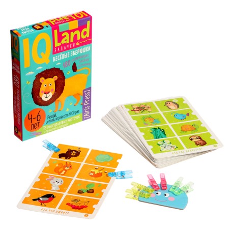 IQ reusable cards "Funny animals", with clothespins, 4+