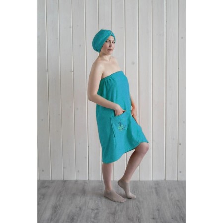 Women's set for the sauna (Pareo+Chalma) with embroidery, turquoise