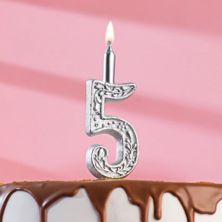 Candle for cake the number "Silver Pattern", 10.2 cm, digit "5"