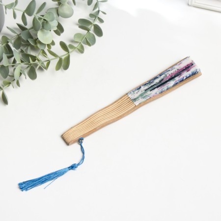 Fan bamboo, textile h = 21 cm bend, with a brush "flowers" in a box, blue-3