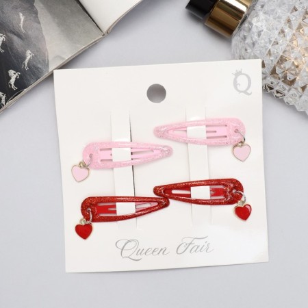 Invisibility for hair "Ophelia" (set of 4 pcs) hearts, 4.5 cm, red pink