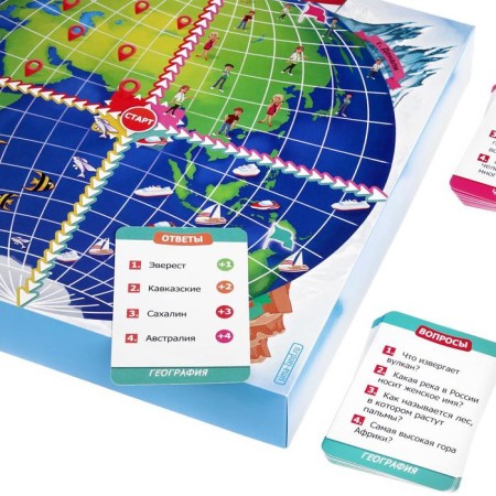 The board game “Traveling around the Earth”, 50 cards, playing field, 7+-3