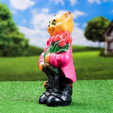 Garden figure "Cat large with tulips" raspberry 40cm-1