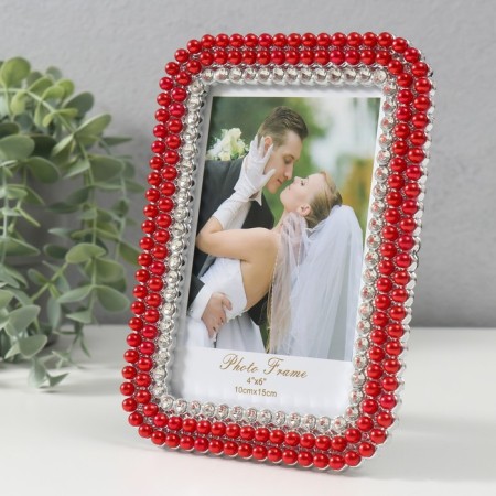 Photo frame plastic 10x15 cm "Red pearls and rhinestones" rounded angles 12.5x17.5 cm-1