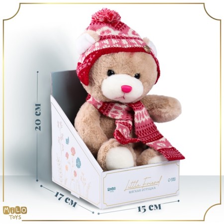 Soft toy "Little Friend", New Year's bear in a hat and scarf, pink color-1