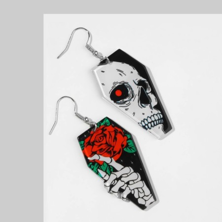 Acryl Earrings "Skull" with rose - coffins, colored in silver-3