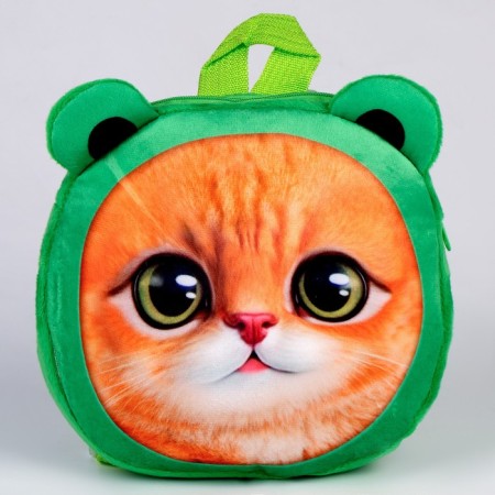 Baby backpack for a girl "cat", plush, green color-1