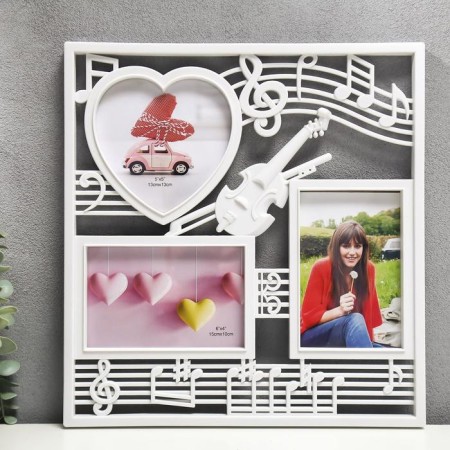 Photo frame plastic in 3 photos 10x15, 13x12 cm "Violin and notes" White 34x32 cm