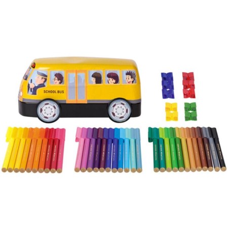 Faber-Castell Connector School Bus + 10 clips, in a metal box, 33 colors