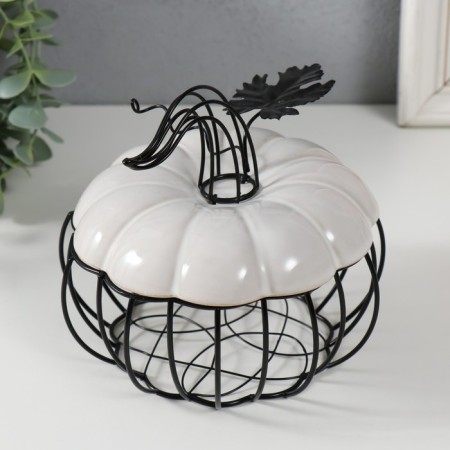 Casket Metal, ceramics "Pumpkin with a leaf" White with black 14x14x13 cm-2