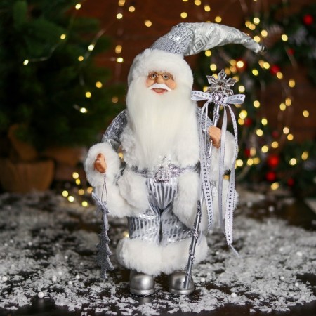 Santa Claus "with a Christmas tree and with a staff with a bow" 33 cm, silver