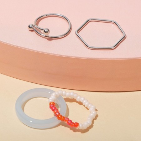 Ring set 4 pieces of “jeepy” 1 on phalanx, beads, color pink-blue in silver, size 16-17