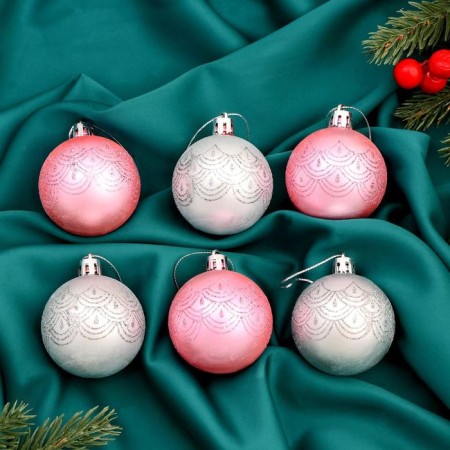 Set of balls plastic D-5 cm, 6 pcs "Gladys Patterns" silver-pink