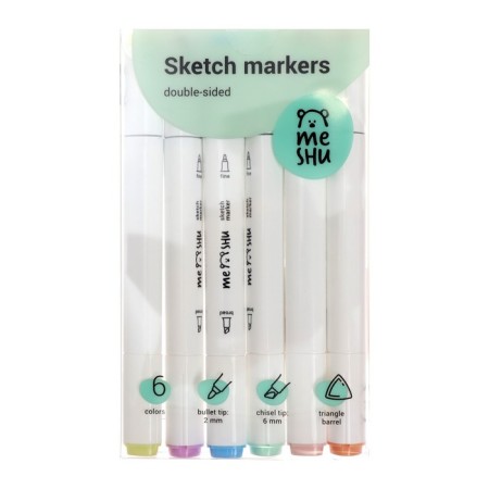 Meshu bilateral markers for sketching, 6 colors (pastel colors)