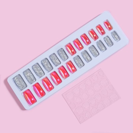Overhead nails, 24 pcs, with adhesive plates, shape soft square, silver color/holography-2