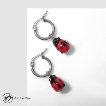 Earrings "God-Korovka", the color is red-black in silver