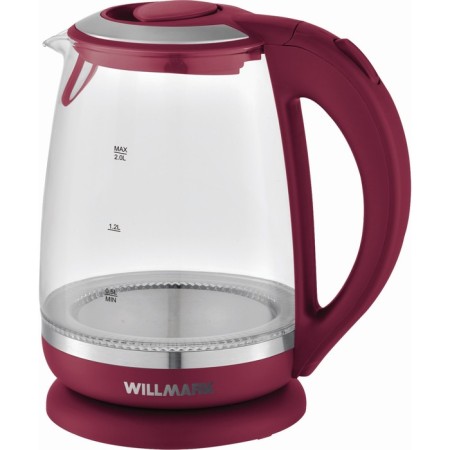 Electric kettle WillMark WEK-2005G, glass, 2 l, 2200 W, LED lighting, burgundy