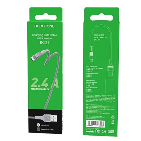 Cable Borofone BX21, microUSB - USB, 2.4 A, 1 m, fabric braid, gray-2