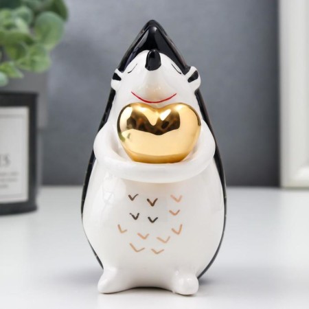 Souvenir Ceramics "Hedgehog with heart" White-black with gold 10.6x6x9.5 cm-1