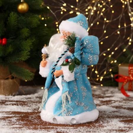 Santa Claus "In a blue fur coat with gifts" moves, with backlight, 30 cm-1