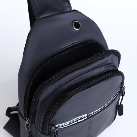 Male sling bag from textiles, headphone opening, gray color-5