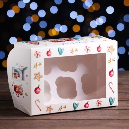 Packaging for 6 cupcakes with a window "Christmas House", 25 x 17 x 10 cm