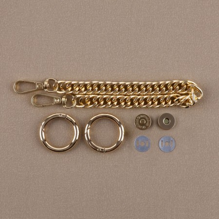 Furniture for bag No. 3, set 4 objects, carbine - 2 pcs, chain, buttons, metal, golden