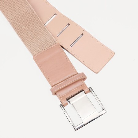 Women's belt, width 5 cm, elastic band, metal buckle, beige color-2