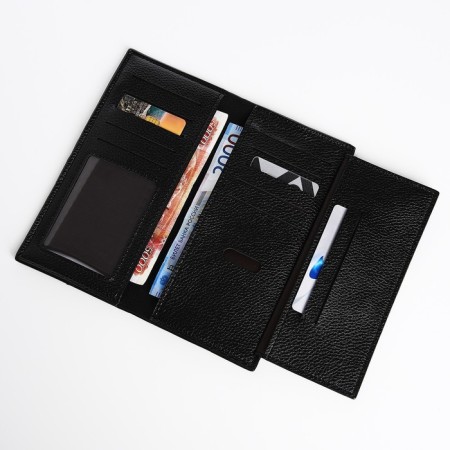 Male purse without fastener, department for bills, for maps, for coins, black color-4