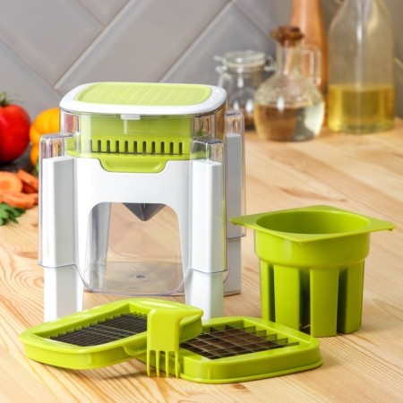 The vegetable engine is universal with a share container, 3 interchangeable nozzles and a Pusher, 14.5 × 14.5 × 21 cm, white-green color-1